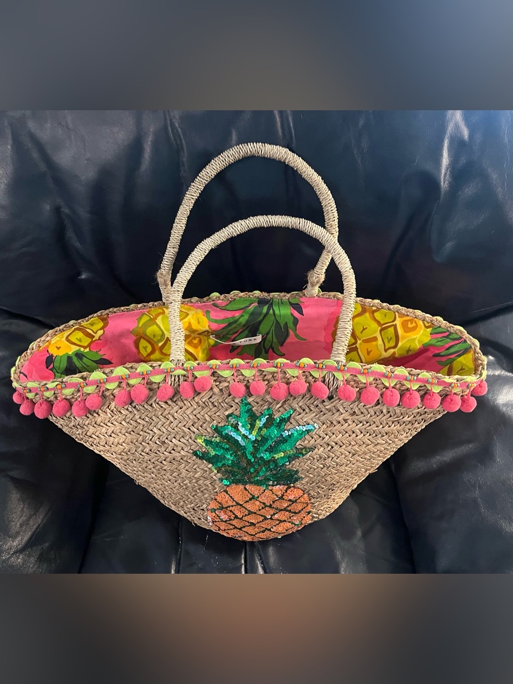 Trina Turk Natural Straw Tote with Sequined Pineapple and Pink Pom Trim
